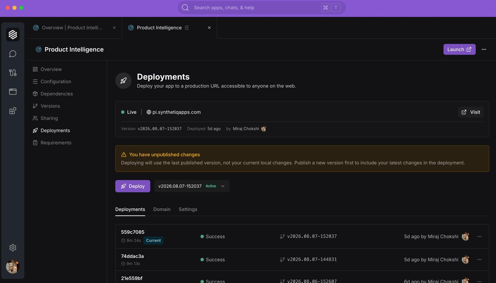 A deployment in progress to a production URL, with each pipeline stage listed.