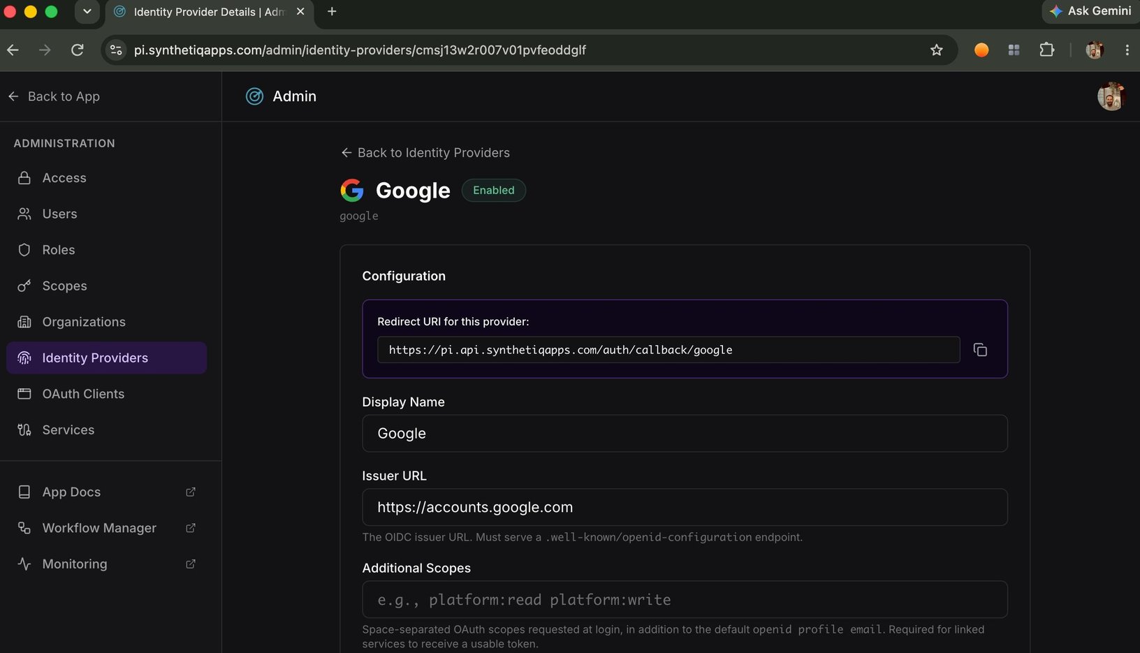 Google sign-in configured as an identity provider, with redirect URI and issuer settings.