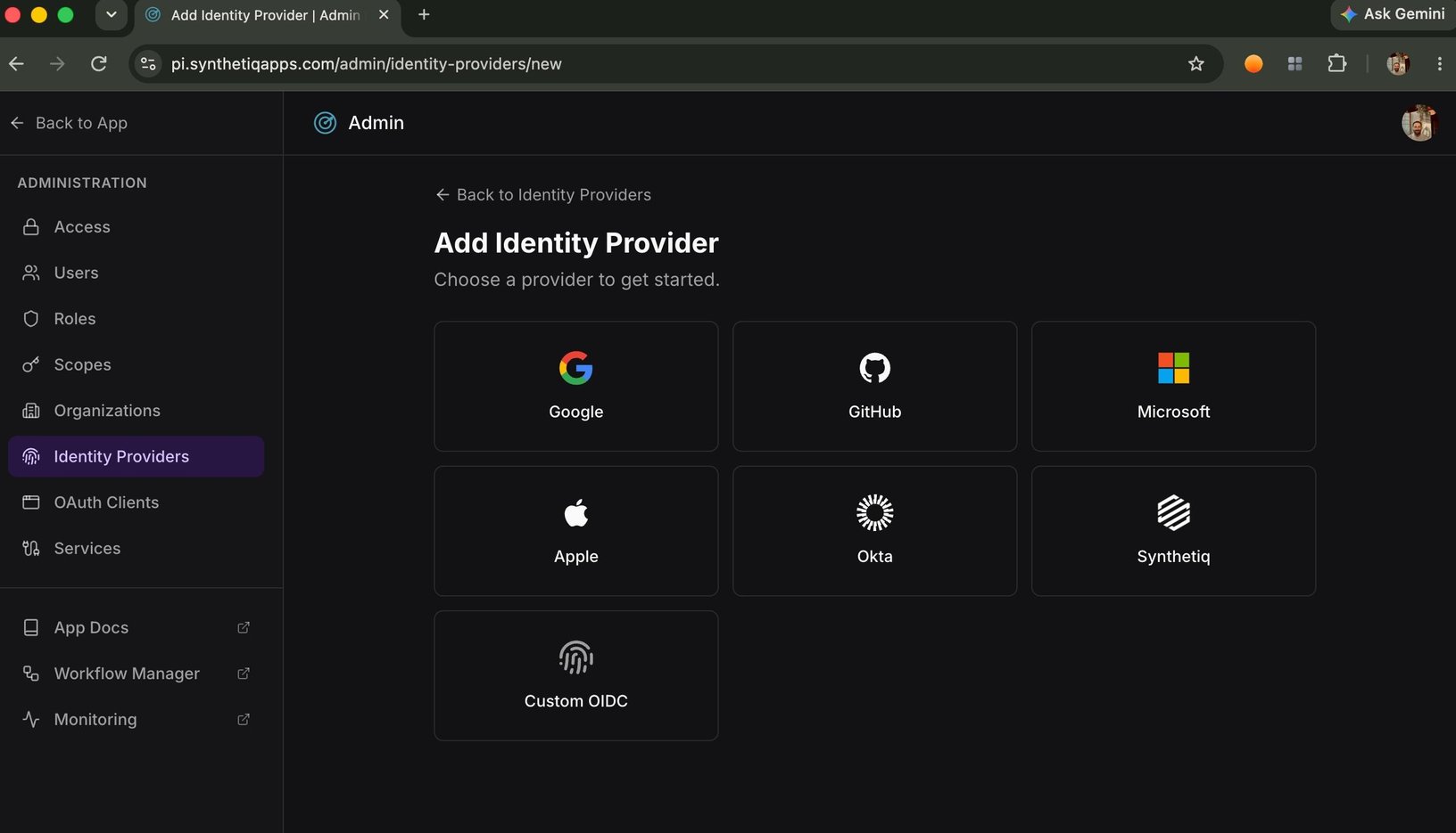 Identity provider options: Google, GitHub, Microsoft, Apple, Okta, Synthetiq, and custom OIDC.